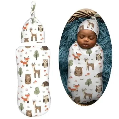 Muishi Cute Animals Fox Bear Deer Newborn Swaddle Blankets Hat Sets Soft Baby Receiving Blanket Swaddle Sack for Baby Shower Infant Boy Girl Gift - 2