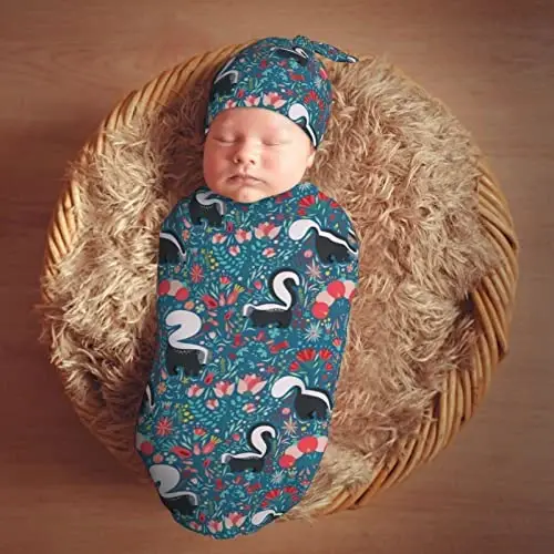 Muishi Cute Floral Skunks Newborn Swaddle Blankets Hat Sets Soft Baby Receiving Blanket Swaddle Sack for Baby Shower Infant Boy Girl Gift - 7