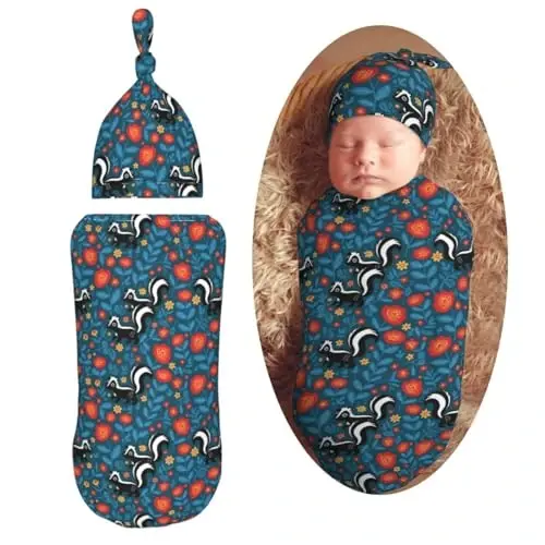 Muishi Cute Floral Skunks Newborn Swaddle Blankets Hat Sets Soft Baby Receiving Blanket Swaddle Sack for Baby Shower Infant Boy Girl Gift - 1