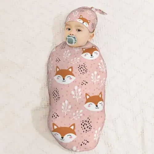 Muishi Cute Fox Pink Newborn Swaddle Blankets Hat Sets Soft Baby Receiving Blanket Swaddle Sack for Baby Shower Infant Boy Girl Gift - 3