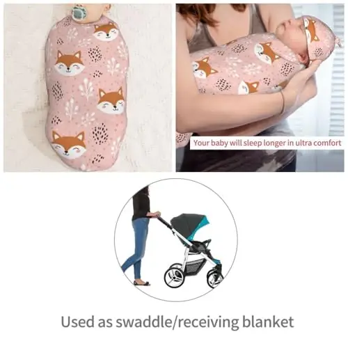 Muishi Cute Fox Pink Newborn Swaddle Blankets Hat Sets Soft Baby Receiving Blanket Swaddle Sack for Baby Shower Infant Boy Girl Gift - 4