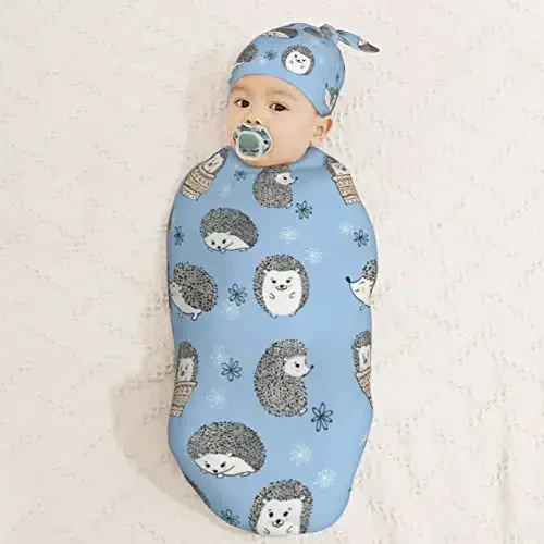 Muishi Cute Hedgehogs Blue Newborn Swaddle Blankets Hat Sets Soft Baby Receiving Blanket Swaddle Sack for Baby Shower Infant Boy Girl Gift - 3