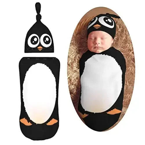 Muishi Cute Penguin Newborn Swaddle Blankets Hat Sets Soft Baby Receiving Blanket Swaddle Sack for Baby Shower Infant Boy Girl Gift - 1