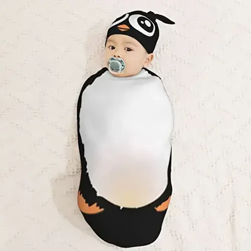 Muishi Cute Penguin Newborn Swaddle Blankets Hat Sets Soft Baby Receiving Blanket Swaddle Sack for Baby Shower Infant Boy Girl Gift - 3
