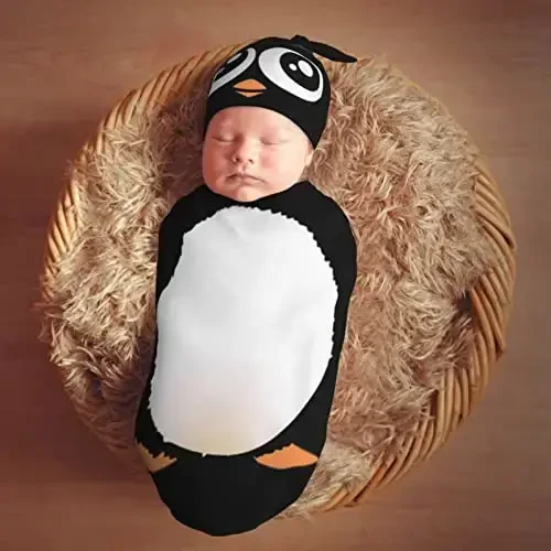 Muishi Cute Penguin Newborn Swaddle Blankets Hat Sets Soft Baby Receiving Blanket Swaddle Sack for Baby Shower Infant Boy Girl Gift - 7