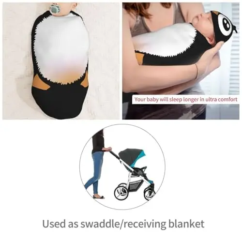 Muishi Cute Penguin Newborn Swaddle Blankets Hat Sets Soft Baby Receiving Blanket Swaddle Sack for Baby Shower Infant Boy Girl Gift - 4