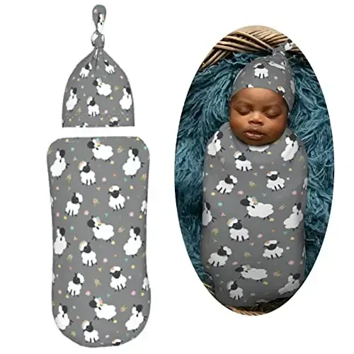 Muishi Cute Sheep Lambs Newborn Swaddle Blankets Hat Sets Soft Baby Receiving Blanket Swaddle Sack for Baby Shower Infant Boy Girl Gift - 2
