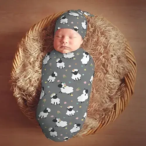 Muishi Cute Sheep Lambs Newborn Swaddle Blankets Hat Sets Soft Baby Receiving Blanket Swaddle Sack for Baby Shower Infant Boy Girl Gift - 7