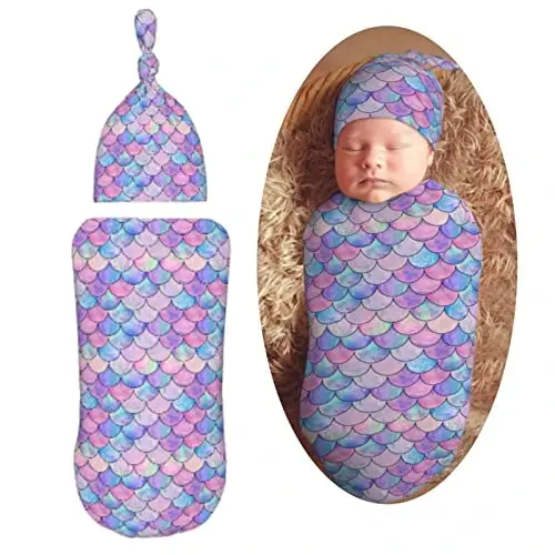 Muishi Mermaid Scales Newborn Swaddle Blankets Hat Sets Soft Baby Receiving Blanket Swaddle Sack for Baby Shower Infant Boy Girl Gift - 1