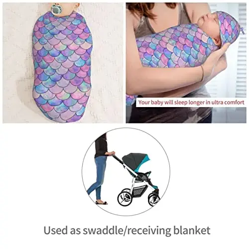 Muishi Mermaid Scales Newborn Swaddle Blankets Hat Sets Soft Baby Receiving Blanket Swaddle Sack for Baby Shower Infant Boy Girl Gift - 4