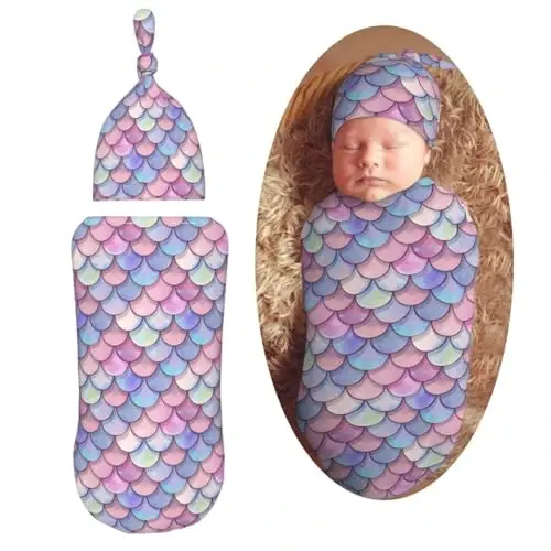 Muishi Mermaid Scales Newborn Swaddle Blankets Hat Sets Soft Baby Receiving Blanket Swaddle Sack for Baby Shower Infant Boy Girl Gift 