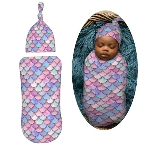 Muishi Mermaid Scales Newborn Swaddle Blankets Hat Sets Soft Baby Receiving Blanket Swaddle Sack for Baby Shower Infant Boy Girl Gift - 2