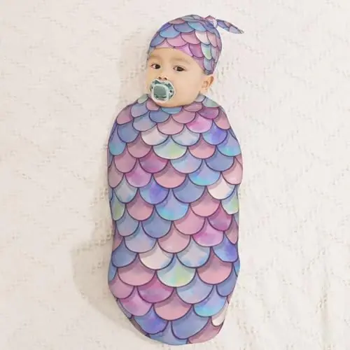 Muishi Mermaid Scales Newborn Swaddle Blankets Hat Sets Soft Baby Receiving Blanket Swaddle Sack for Baby Shower Infant Boy Girl Gift - 3