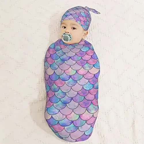 Muishi Mermaid Scales Newborn Swaddle Blankets Hat Sets Soft Baby Receiving Blanket Swaddle Sack for Baby Shower Infant Boy Girl Gift - 3
