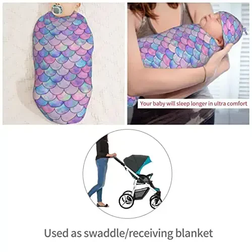 Muishi Mermaid Scales Newborn Swaddle Blankets Hat Sets Soft Baby Receiving Blanket Swaddle Sack for Baby Shower Infant Boy Girl Gift - 4