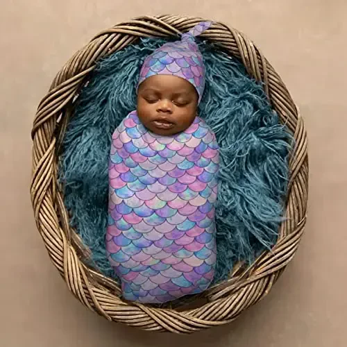Muishi Mermaid Scales Newborn Swaddle Blankets Hat Sets Soft Baby Receiving Blanket Swaddle Sack for Baby Shower Infant Boy Girl Gift - 6