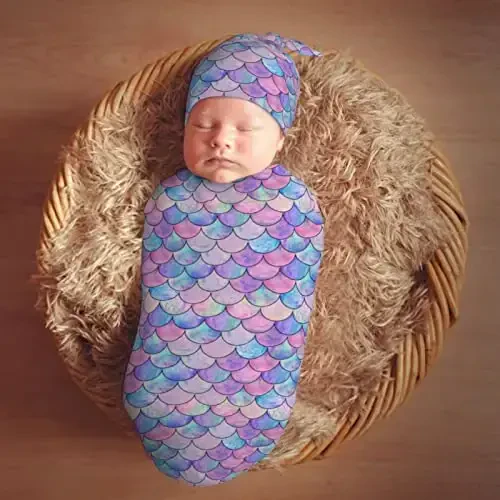 Muishi Mermaid Scales Newborn Swaddle Blankets Hat Sets Soft Baby Receiving Blanket Swaddle Sack for Baby Shower Infant Boy Girl Gift - 7