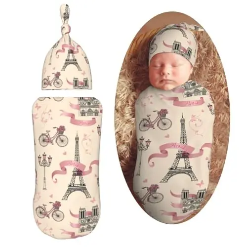 Muishi Eiffel Tower Paris Newborn Swaddle Blankets Hat Sets Soft Baby Receiving Blanket Swaddle Sack for Baby Shower Infant Boy Girl Gift 