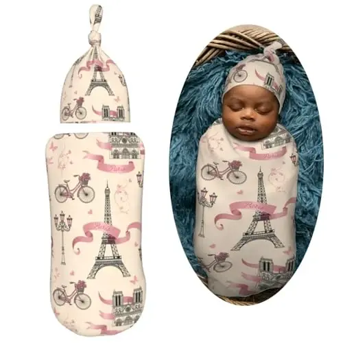 Muishi Eiffel Tower Paris Newborn Swaddle Blankets Hat Sets Soft Baby Receiving Blanket Swaddle Sack for Baby Shower Infant Boy Girl Gift - 2