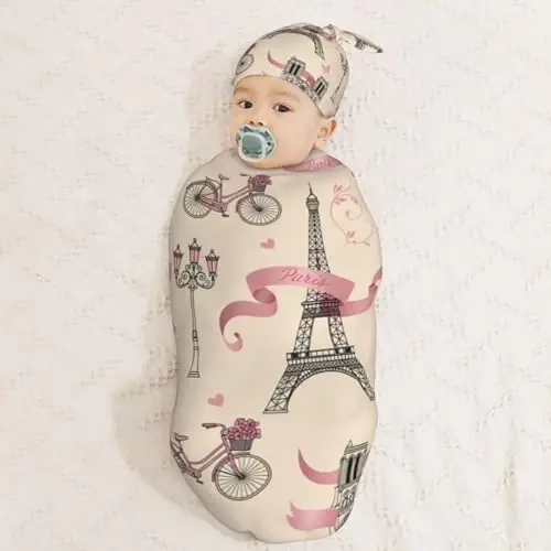 Muishi Eiffel Tower Paris Newborn Swaddle Blankets Hat Sets Soft Baby Receiving Blanket Swaddle Sack for Baby Shower Infant Boy Girl Gift - 3