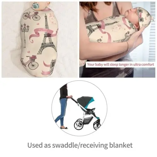 Muishi Eiffel Tower Paris Newborn Swaddle Blankets Hat Sets Soft Baby Receiving Blanket Swaddle Sack for Baby Shower Infant Boy Girl Gift - 4