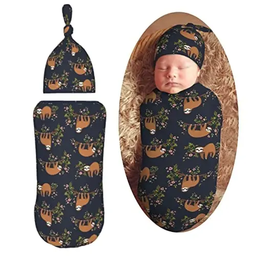 Muishi Funny Cute Sloth On Tree Branch Newborn Swaddle Blankets Hat Sets Soft Baby Receiving Blanket Swaddle Sack for Baby Shower Infant Boy Girl Gift - 1