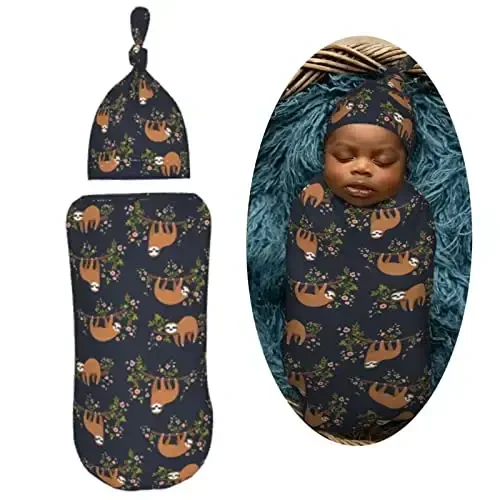 Muishi Funny Cute Sloth On Tree Branch Newborn Swaddle Blankets Hat Sets Soft Baby Receiving Blanket Swaddle Sack for Baby Shower Infant Boy Girl Gift - 2