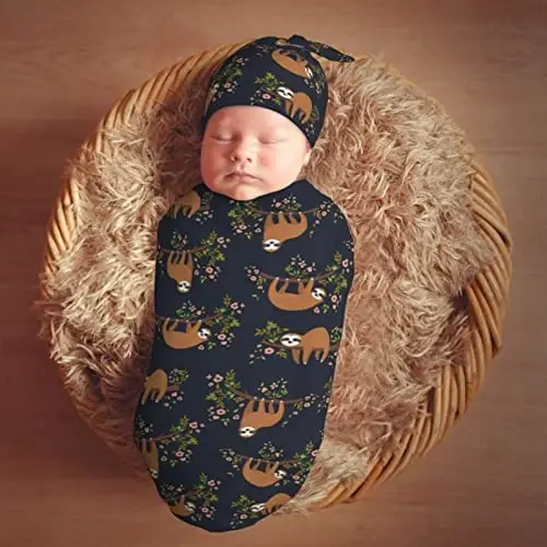 Muishi Funny Cute Sloth On Tree Branch Newborn Swaddle Blankets Hat Sets Soft Baby Receiving Blanket Swaddle Sack for Baby Shower Infant Boy Girl Gift - 7