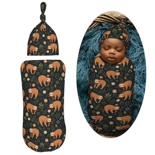 Muishi Funny Cute Sloth On Tree Branch Newborn Swaddle Blankets Hat Sets Soft Baby Receiving Blanket Swaddle Sack for Baby Shower Infant Boy Girl Gift - 2