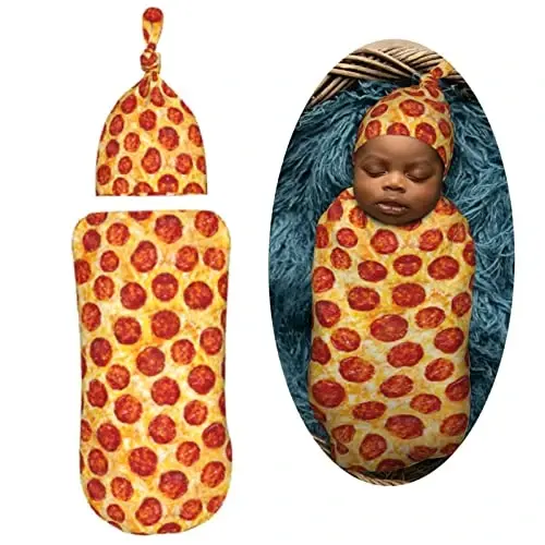 Muishi Funny Pepperoni Pizza Food Texture Newborn Swaddle Blankets Hat Sets Soft Baby Receiving Blanket Swaddle Sack for Baby Shower Infant Boy Girl Gift - 2