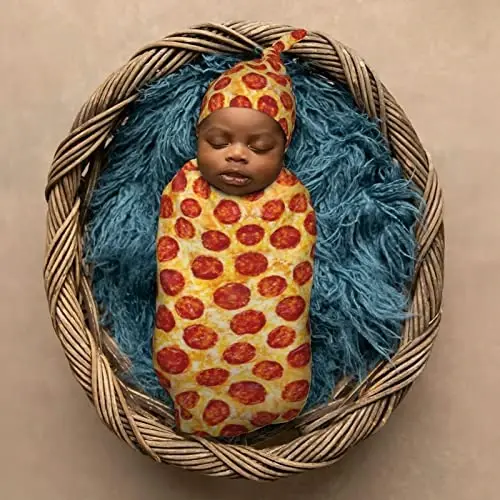 Muishi Funny Pepperoni Pizza Food Texture Newborn Swaddle Blankets Hat Sets Soft Baby Receiving Blanket Swaddle Sack for Baby Shower Infant Boy Girl Gift - 6