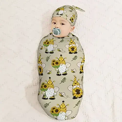 Muishi Gnomes Bees Sunflowers Newborn Swaddle Blankets Hat Sets Soft Baby Receiving Blanket Swaddle Sack for Baby Shower Infant Boy Girl Gift - 3