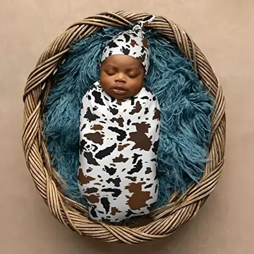 Muishi Brown Black Cow Skin Newborn Swaddle Blankets Hat Sets Soft Baby Receiving Blanket Swaddle Sack for Baby Shower Infant Boy Girl Gift - 6