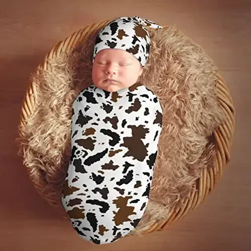 Muishi Brown Black Cow Skin Newborn Swaddle Blankets Hat Sets Soft Baby Receiving Blanket Swaddle Sack for Baby Shower Infant Boy Girl Gift - 7