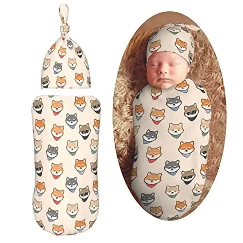Muishi Cute Shiba Inu Japanes Dog Newborn Swaddle Blankets Hat Sets Soft Baby Receiving Blanket Swaddle Sack for Baby Shower Infant Boy Girl Gift - 1