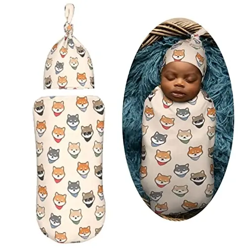 Muishi Cute Shiba Inu Japanes Dog Newborn Swaddle Blankets Hat Sets Soft Baby Receiving Blanket Swaddle Sack for Baby Shower Infant Boy Girl Gift - 2