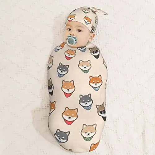 Muishi Cute Shiba Inu Japanes Dog Newborn Swaddle Blankets Hat Sets Soft Baby Receiving Blanket Swaddle Sack for Baby Shower Infant Boy Girl Gift - 3