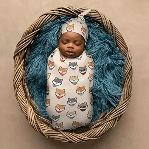 Muishi Cute Shiba Inu Japanes Dog Newborn Swaddle Blankets Hat Sets Soft Baby Receiving Blanket Swaddle Sack for Baby Shower Infant Boy Girl Gift - 6