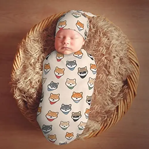 Muishi Cute Shiba Inu Japanes Dog Newborn Swaddle Blankets Hat Sets Soft Baby Receiving Blanket Swaddle Sack for Baby Shower Infant Boy Girl Gift - 7