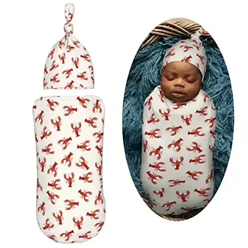Muishi Red Lobsters Crawfish Newborn Swaddle Blankets Hat Sets Soft Baby Receiving Blanket Swaddle Sack for Baby Shower Infant Boy Girl Gift - 2