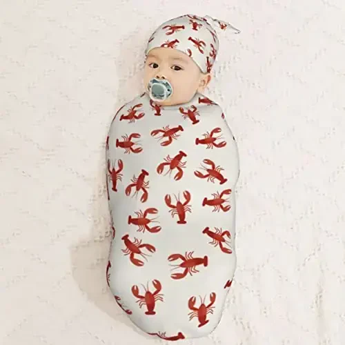 Muishi Red Lobsters Crawfish Newborn Swaddle Blankets Hat Sets Soft Baby Receiving Blanket Swaddle Sack for Baby Shower Infant Boy Girl Gift - 3