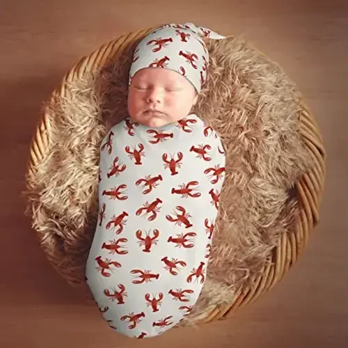 Muishi Red Lobsters Crawfish Newborn Swaddle Blankets Hat Sets Soft Baby Receiving Blanket Swaddle Sack for Baby Shower Infant Boy Girl Gift - 7