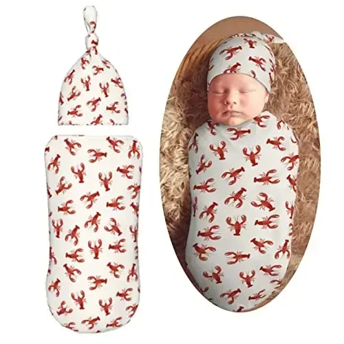 Muishi Red Lobsters Crawfish Newborn Swaddle Blankets Hat Sets Soft Baby Receiving Blanket Swaddle Sack for Baby Shower Infant Boy Girl Gift - MODAZONE