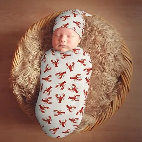 Muishi Red Lobsters Crawfish Newborn Swaddle Blankets Hat Sets Soft Baby Receiving Blanket Swaddle Sack for Baby Shower Infant Boy Girl Gift - 7