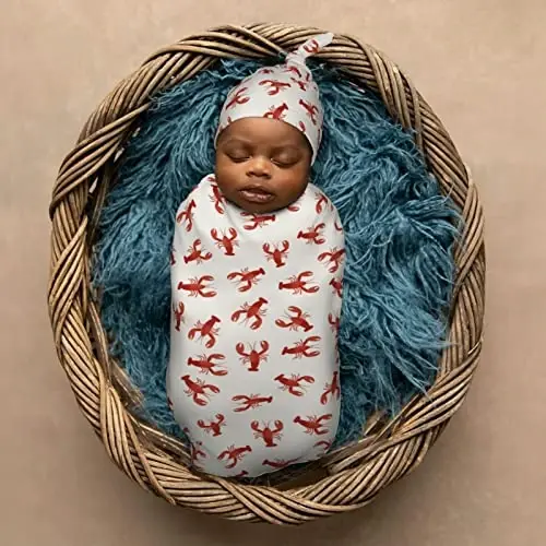 Muishi Red Lobsters Crawfish Newborn Swaddle Blankets Hat Sets Soft Baby Receiving Blanket Swaddle Sack for Baby Shower Infant Boy Girl Gift - 6