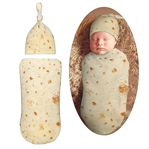 Muishi Funny Food Burrito Newborn Swaddle Blankets Hat Sets Soft Baby Receiving Blanket Swaddle Sack for Baby Shower Infant Boy Girl Gift 
