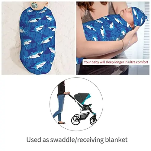 Muishi Blue Sharks Newborn Swaddle Blankets Hat Sets Soft Baby Receiving Blanket Swaddle Sack for Baby Shower Infant Boy Girl Gift - 4