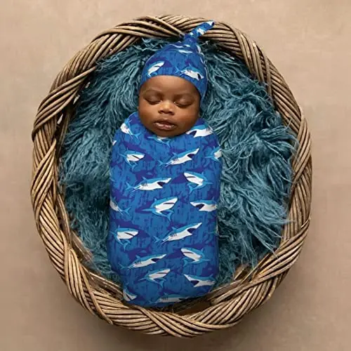 Muishi Blue Sharks Newborn Swaddle Blankets Hat Sets Soft Baby Receiving Blanket Swaddle Sack for Baby Shower Infant Boy Girl Gift - 6