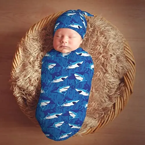Muishi Blue Sharks Newborn Swaddle Blankets Hat Sets Soft Baby Receiving Blanket Swaddle Sack for Baby Shower Infant Boy Girl Gift - 7