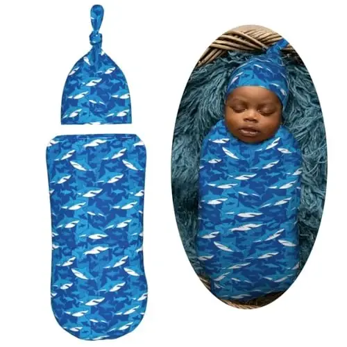 Muishi Blue Sharks Newborn Swaddle Blankets Hat Sets Soft Baby Receiving Blanket Swaddle Sack for Baby Shower Infant Boy Girl Gift - MUISHI (1)